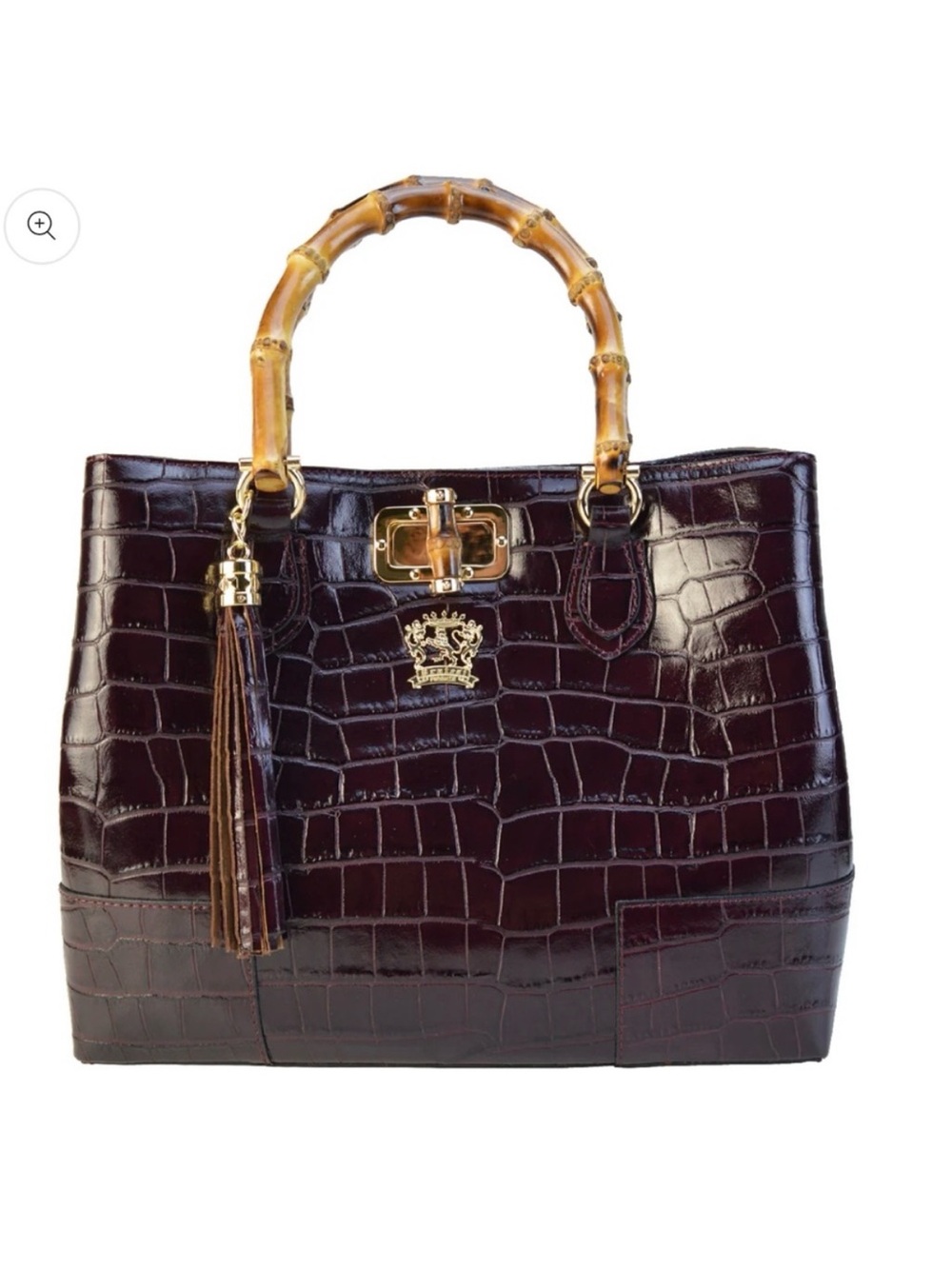 Pratesi Croc-Embossed Bamboo Handle Satchel in Deep Coffee